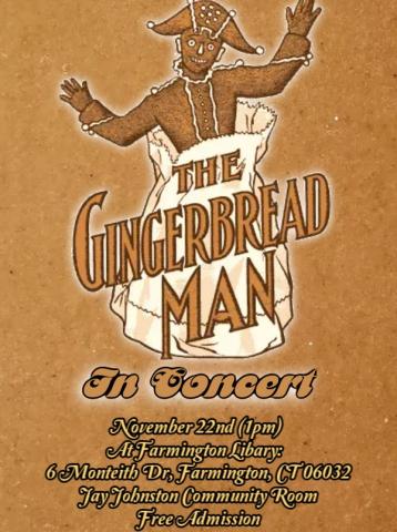 a gingerbread man with a pointed hat and white features is half out of a paper bag. Across the bag is a stylized title. The entire flyer is against a brown background. 