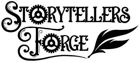 Storytellers Forge logo, featuring steampunk lettering followed by an image of writing quill. 