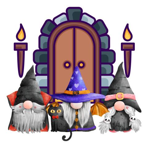Three gnomes: a vampire, a witch, and a bat gnome with a cat companion, in front of a dungeon door. 