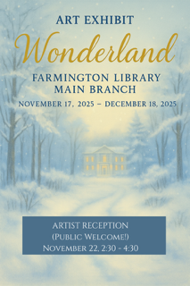 A painting featuring a snow covered road in a forest at dusk leading to a house with warm lights in the windows. 