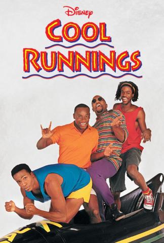 movie poster from the Cool runnings film featuring the four men in a bobsled with the title in stylized font