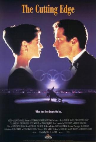the movie poster for the cutting edge, with the two figures in profile against a background of a movie scene 