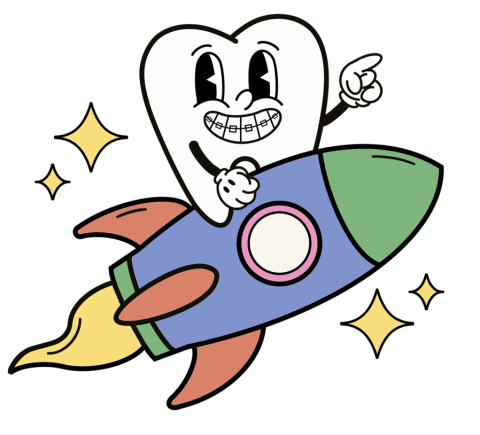 a cartoon image of a tooth riding a rocket. The tooth has a face and hands. There are yellow sparkles around the rocket.