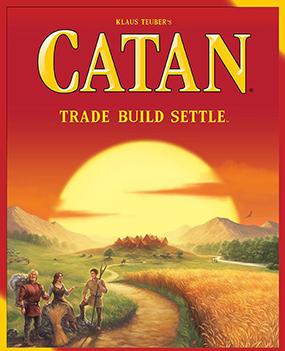 the front of the box of the board game CATAN which is has a sunset, a path with three people on it against a red sky.