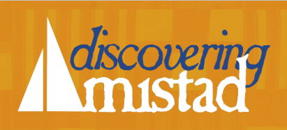 A logo with stylized words of discovering in blue, Amistad in white, with the A of the Amistad composed of two white triangles made to look like a boat's mast