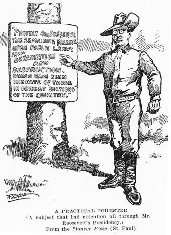 a cartoon of Theodore Roosevelt pointing at a sign that says "Proctect and preserve the remaining forests upon public lands from devastation and destruction which have been the date of those in forest sections of the country."