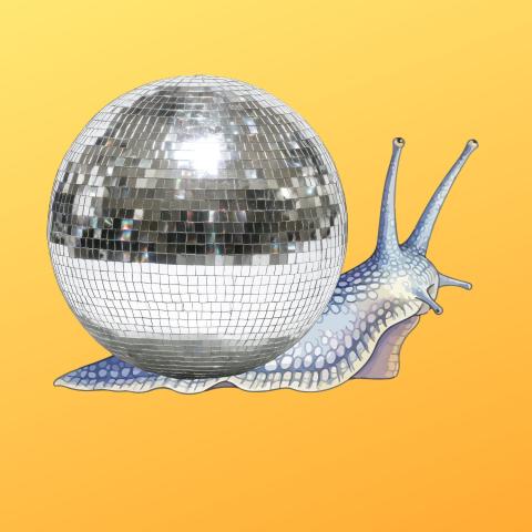 A snail who's shell has been replaced by a disco ball on a yellow background. 