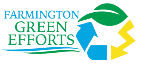 The Farmington Green Efforts Committee Logo which has Farmington Green Efforts in a stylized font over a blue and green slightly wavey line. Next to the words is a stylized recycle symbol which has a green leaf on the top, a crooked yellow arrow and a blue arrow
