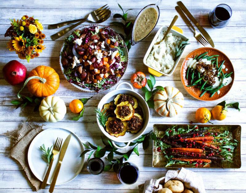 festive table with a medley of vegetarian dishes