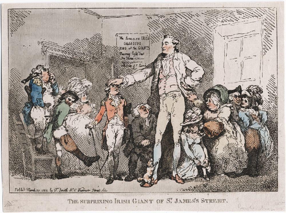 A historical cartoon depicting "The Surprising Irish Giant of St. James's Street"