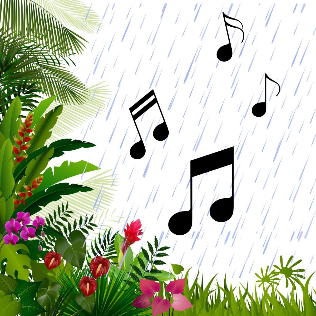 Rainforest plants in a rainy setting with black music notes over the rain.