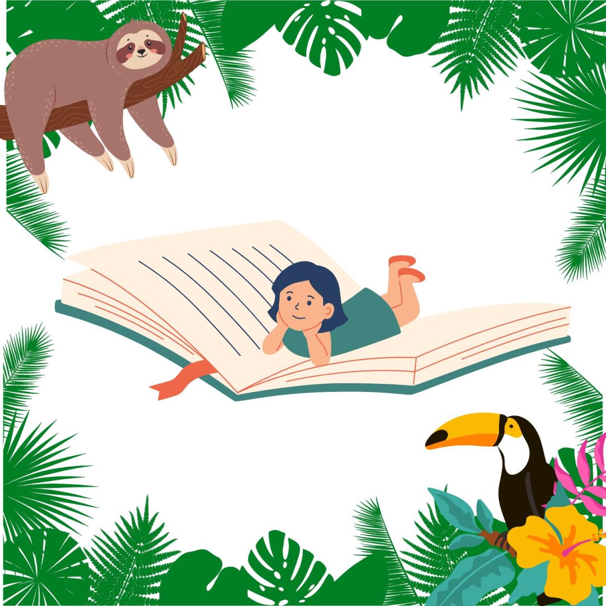 a child ridding a book through a jungle with a sloth and a toucan 