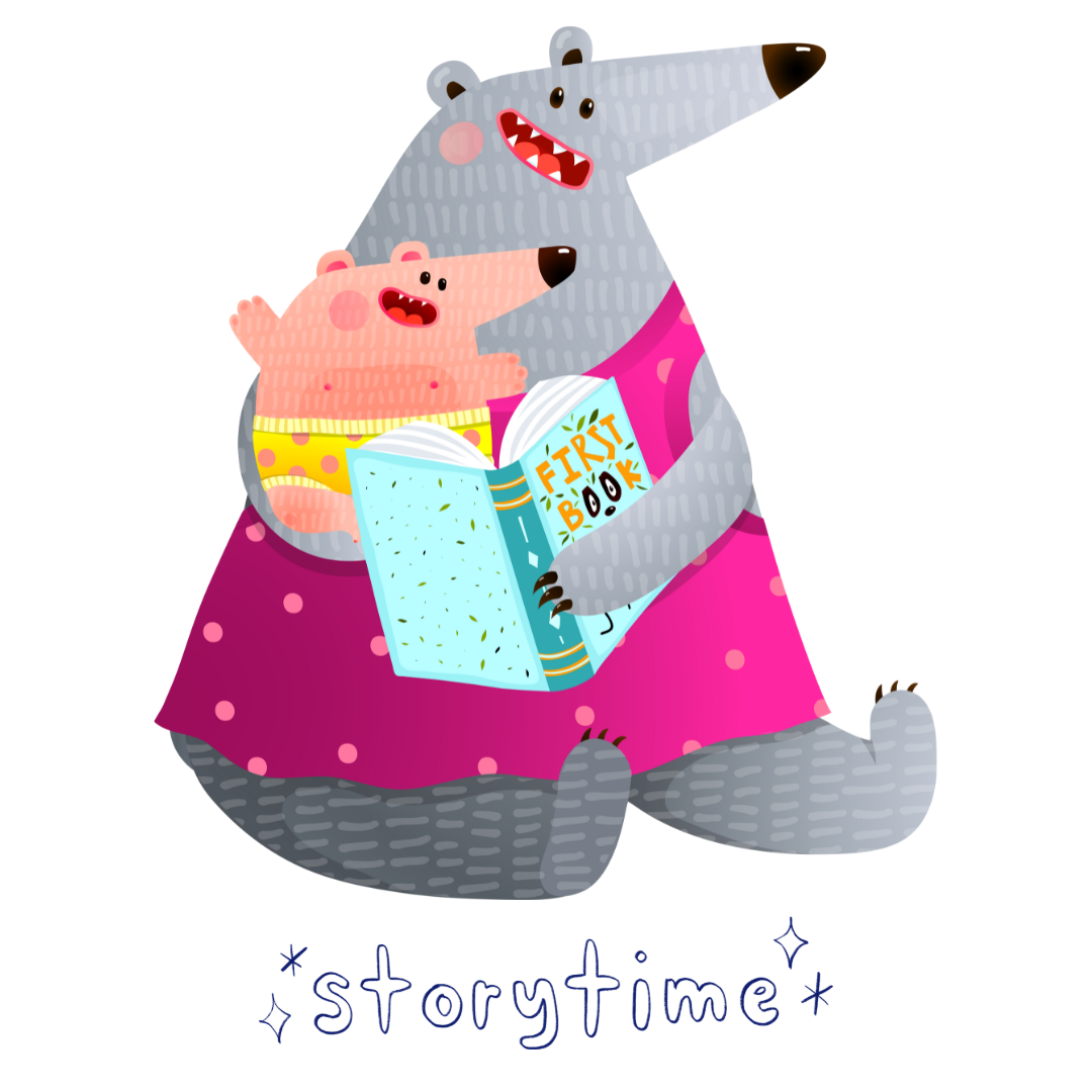 Bear holding a baby bear for storytime