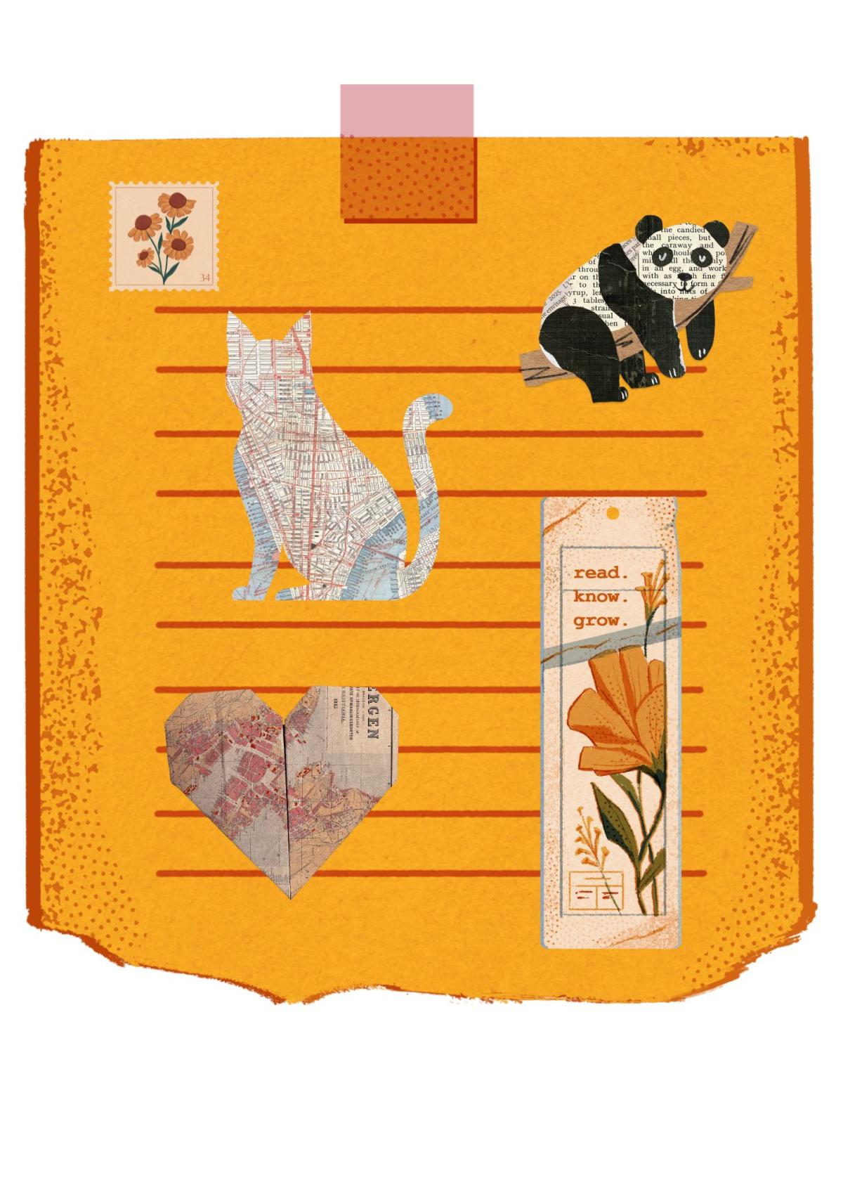 a notebook page with various clipping and pictures taped to it, "an art journal"