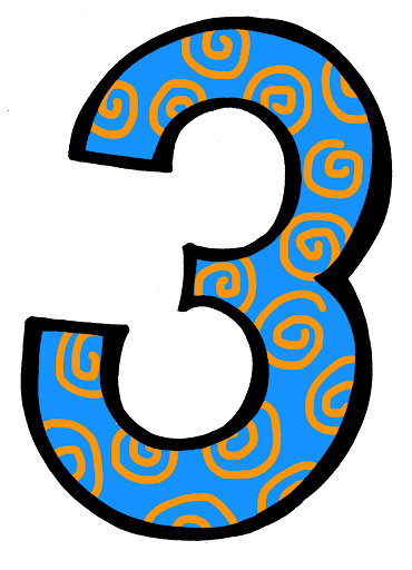 a blue number three with orange swirls on it
