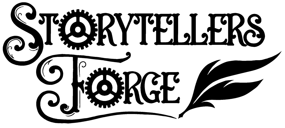 Storytellers Forge logo, featuring steampunk lettering followed by an image of writing quill. 