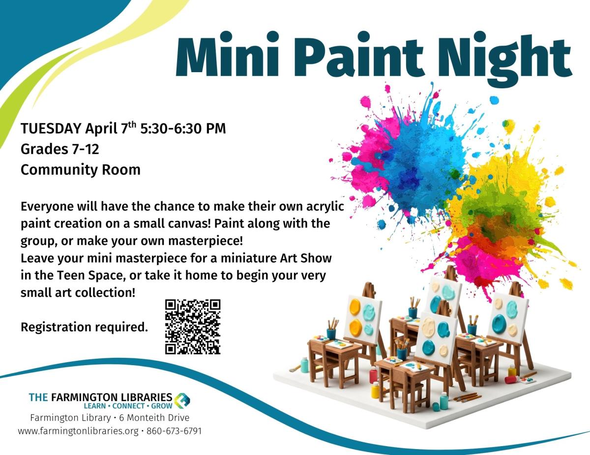 splatter paint image with a miniature art room, accompanied by program information